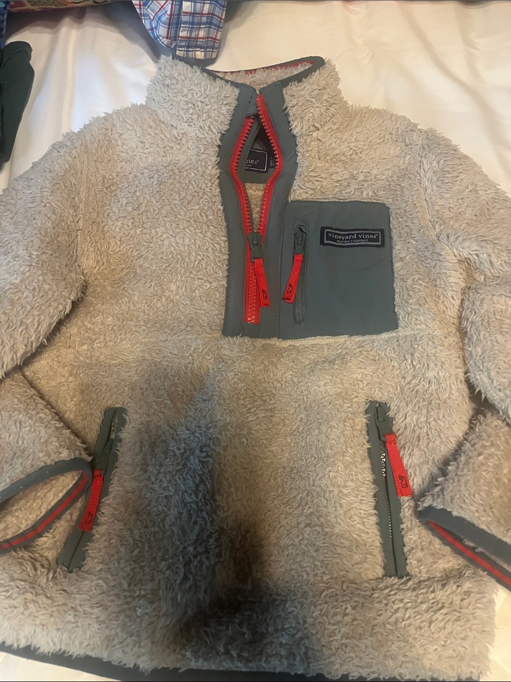 Vineyard Vines Kids Cream Sherpa Pullover with Gray Trim and Red Zippers